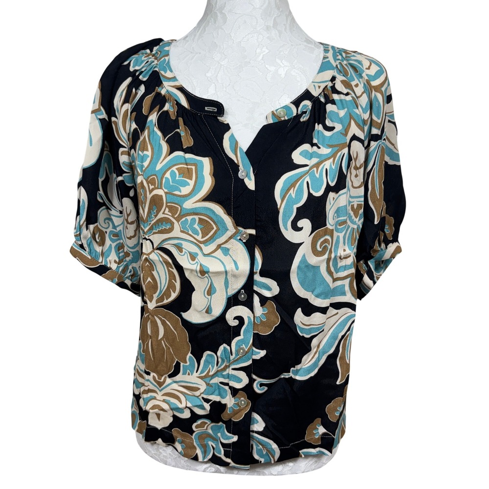 Karen Kane Teal Black Floral Paisley Puff Sleeve Peasant Blouse Top Womens XS